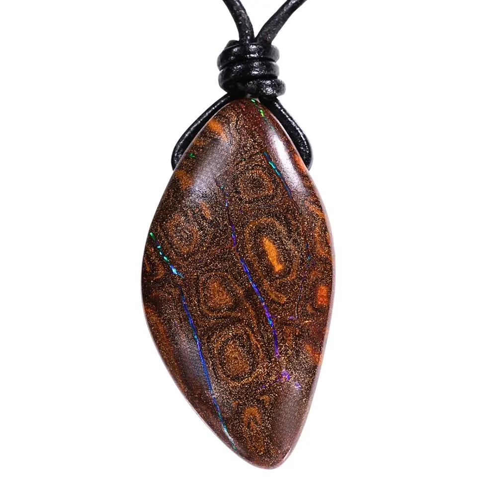 139ct Winton boulder opal pendant with blue green and purple veins through brown ironstone matrix on adjustable black leather necklace