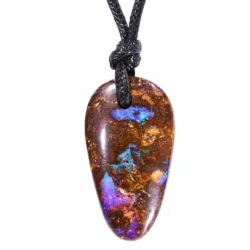 45ct Winton boulder opal pendant with blue purple and green color in fossilized wood matrix on adjustable black necklace
