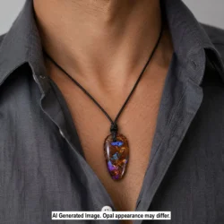 Natural boulder opal pendant necklace with blue and purple fire on adjustable leather cord, from Winton, Queensland, Australia