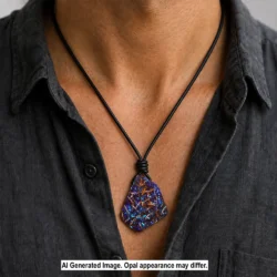 Natural boulder opal pendant necklace with blue and gold matrix patterns on adjustable leather cord, from Winton, Queensland, Australia