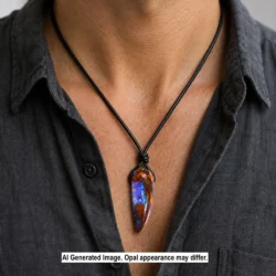 Natural boulder opal pendant necklace with blue, purple and orange fire on adjustable leather cord, from Winton, Queensland, Australia