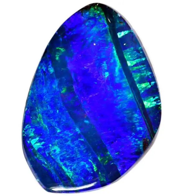 Freeform Queensland boulder opal with vivid blue and green play of color, featured gem in luxury fashion trend