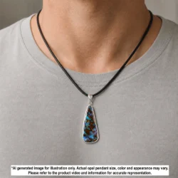 18.7ct Winton boulder opal pinfire pendant shown worn on a black necklace with green yellow color for illustrative reference