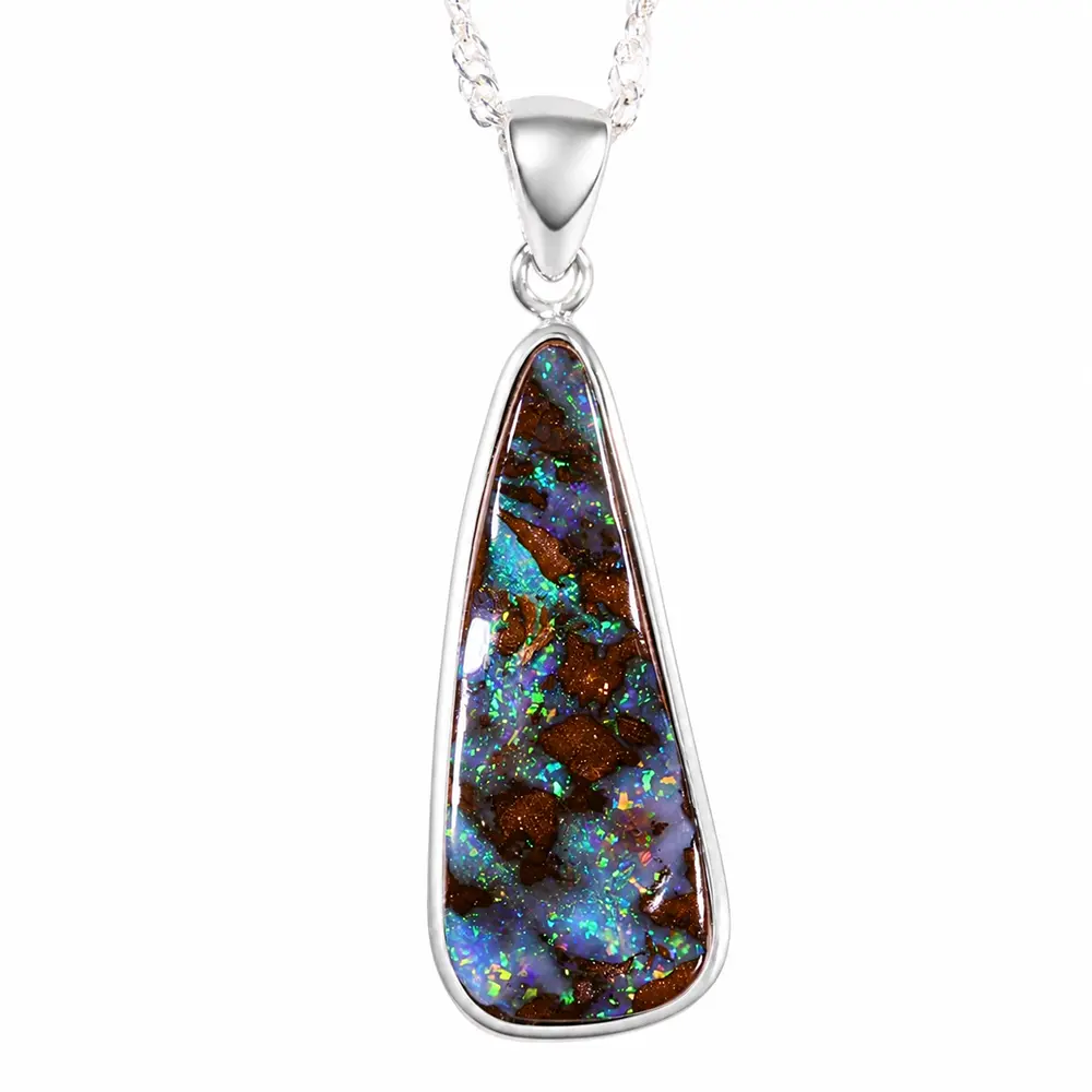 18.7ct Winton boulder opal pendant with green and yellow pinfire pattern in S925 sterling silver setting on white background