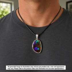 21.7ct Winton boulder opal silver pendant shown worn on a black necklace with blue green and purple color for illustrative reference