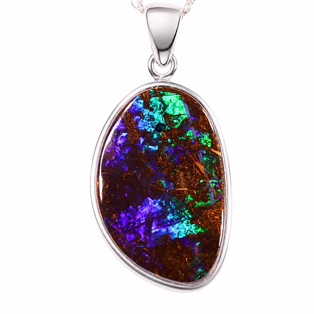21.7ct Winton boulder opal pendant with blue green and purple color in S925 sterling silver setting on white background