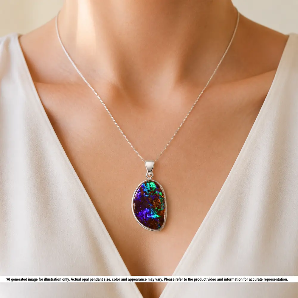 21.7ct Australian boulder opal sterling silver pendant shown worn on a fine silver necklace for illustrative size reference