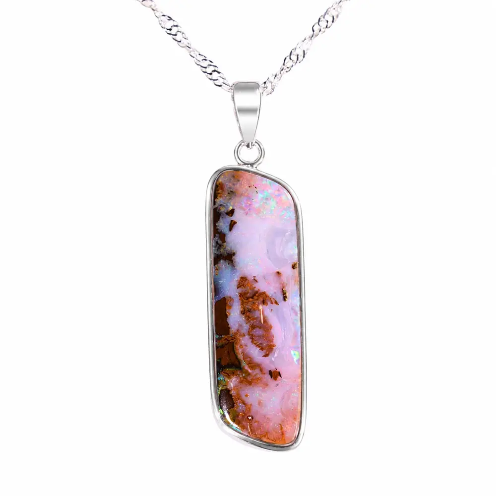 22.96 ct pink green and orange boulder opal pendant from Winton set in rhodium plated S925 sterling silver