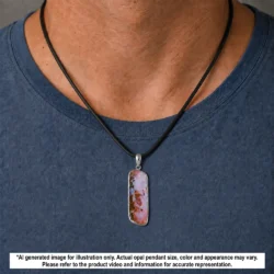 Natural pink boulder opal pendant with ironstone matrix shown worn on a black necklace for illustrative styling reference