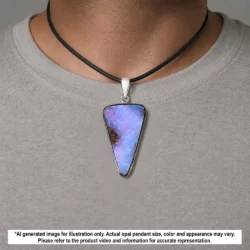 Winton boulder opal pendant with soft pink and orange color shown worn on a black necklace for illustrative styling reference