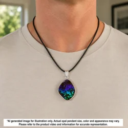 26.1ct Australian boulder opal pendant shown worn on a fine silver necklace for illustrative size and styling reference