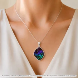 26.1ct Winton boulder opal pendant shown worn on a black necklace with vivid blue green and purple color for illustrative reference