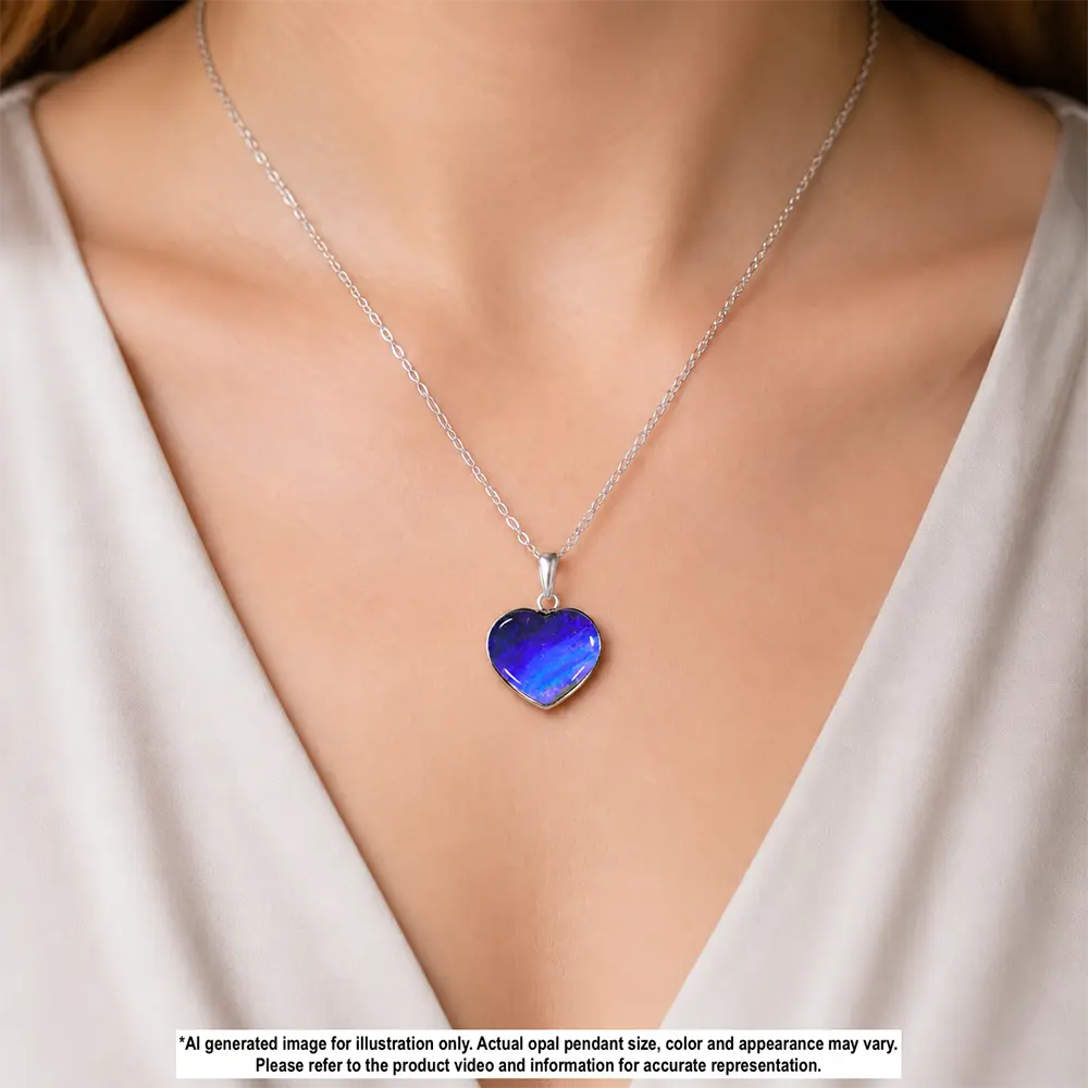 26 ct purple and blue heart shaped boulder opal pendant from Winton Australia shown worn on a silver necklace