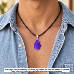 27 ct purple teardrop boulder opal pendant from Winton Australia shown worn on a black cord necklace