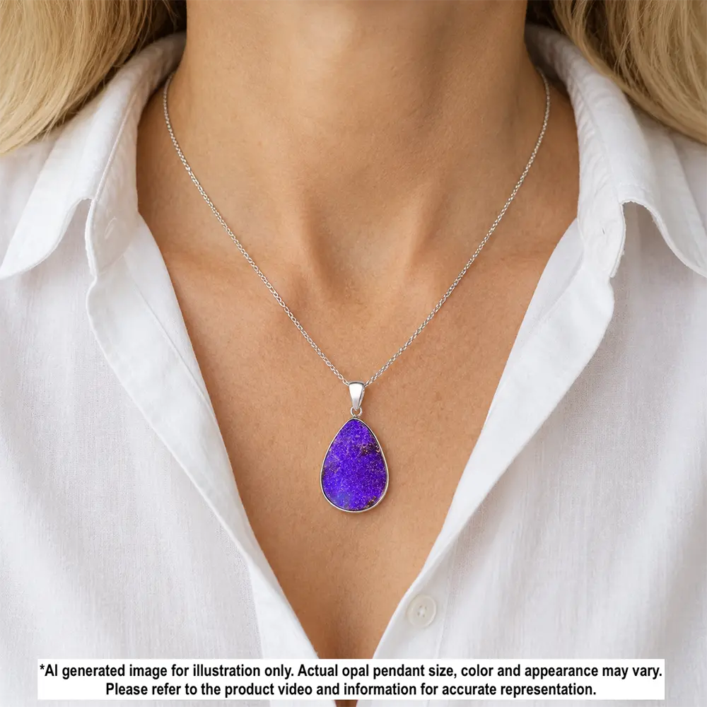 Natural 27 ct purple Australian boulder opal teardrop pendant shown worn on a silver necklace