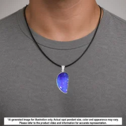 Winton boulder opal pendant with purple and blue color shown worn on a black necklace for illustrative styling reference