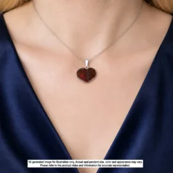 31.7 ct red fire heart shaped boulder opal pendant from Winton Australia shown worn on a silver necklace
