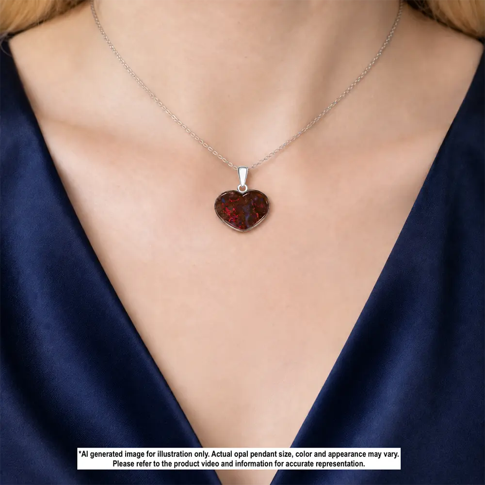 31.7 ct red fire heart shaped boulder opal pendant from Winton Australia shown worn on a silver necklace