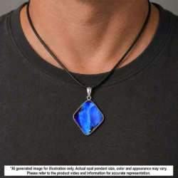 Blue and purple Winton boulder opal pendant shown worn on a black necklace for illustrative styling reference