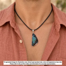 33.7 ct green boulder opal pendant from Winton Australia shown worn on a black cord necklace