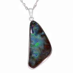 Close view of 33.7 ct green boulder opal pendant with natural brown ironstone matrix in sterling silver