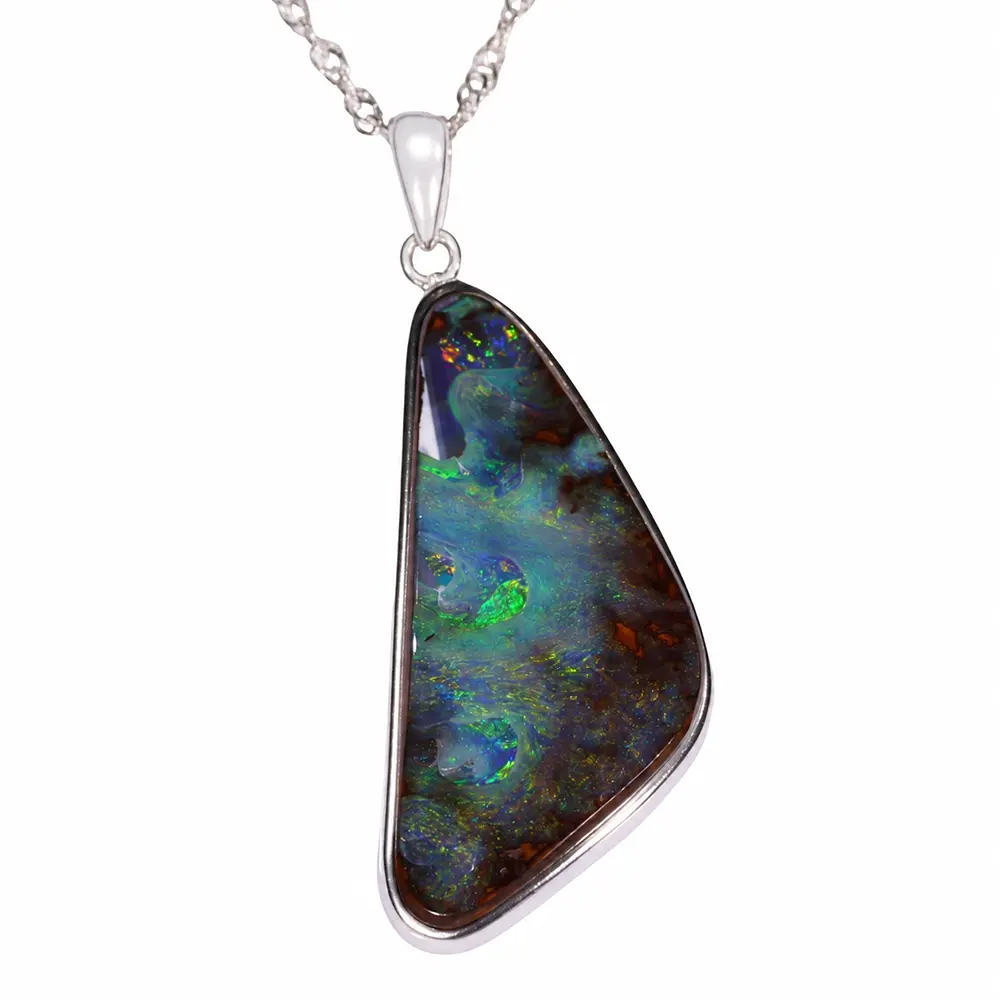 Close view of 33.7 ct green boulder opal pendant with natural brown ironstone matrix in sterling silver