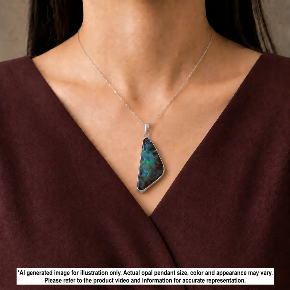 Natural 33.7 ct green Australian boulder opal pendant shown worn on a silver necklace