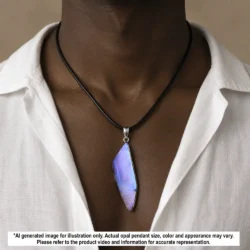 34.5 ct Winton boulder opal pendant with purple and green color shown worn on a black necklace for illustrative styling reference