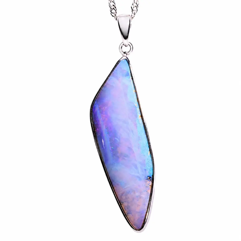 34.5 ct lilac purple boulder opal pendant from Winton Australia with elongated freeform shape and sterling silver setting