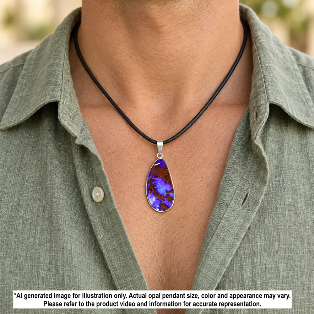 35.5 ct purple boulder opal pendant from Winton Australia shown worn on a black cord necklace