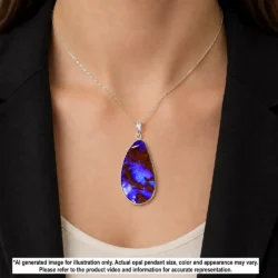 Natural 35.5 ct purple Australian boulder opal teardrop pendant shown worn on a silver necklace