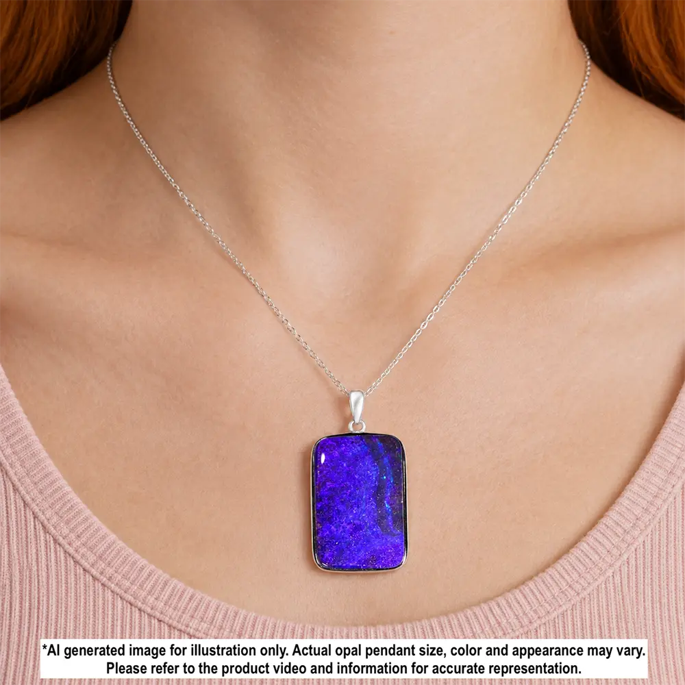 Natural 37.3 ct purple Australian boulder opal pendant shown worn on a silver necklace
