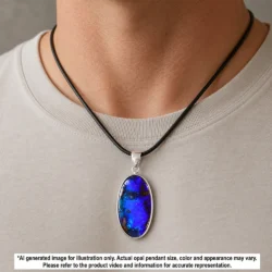 38.3ct Winton boulder opal silver pendant shown worn on a black necklace with vivid blue and green color for illustrative reference