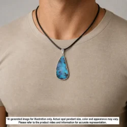 39.4 ct Winton boulder opal pendant with green and blue color shown worn on a black necklace for illustrative styling reference