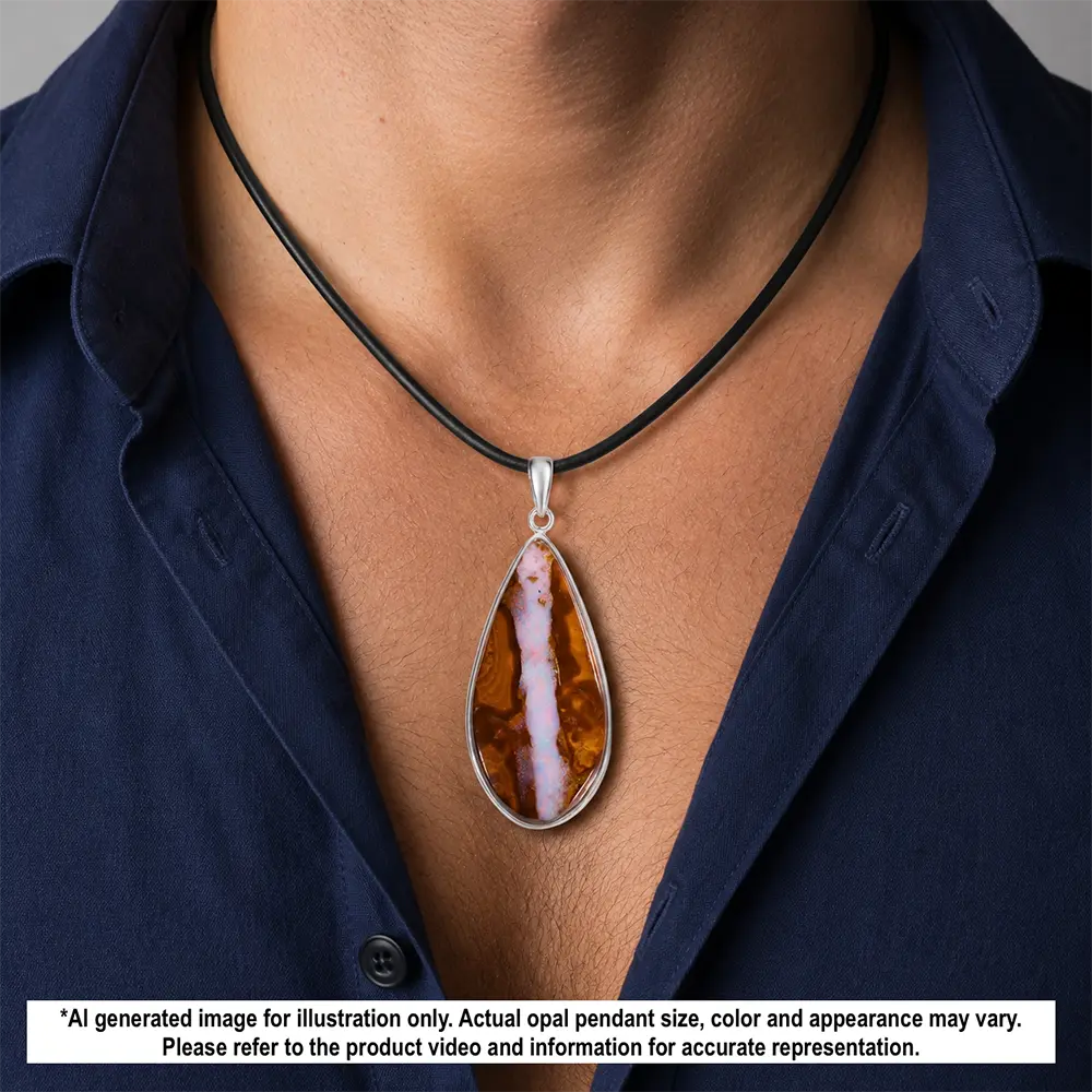 40.2 ct Winton wood fossil boulder opal pendant shown worn on a black necklace with teardrop sterling silver setting