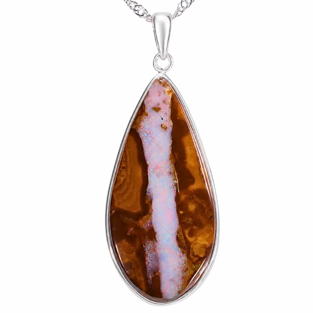 40.2 ct wood fossil boulder opal pendant from Winton Australia with pink orange color and natural brown matrix