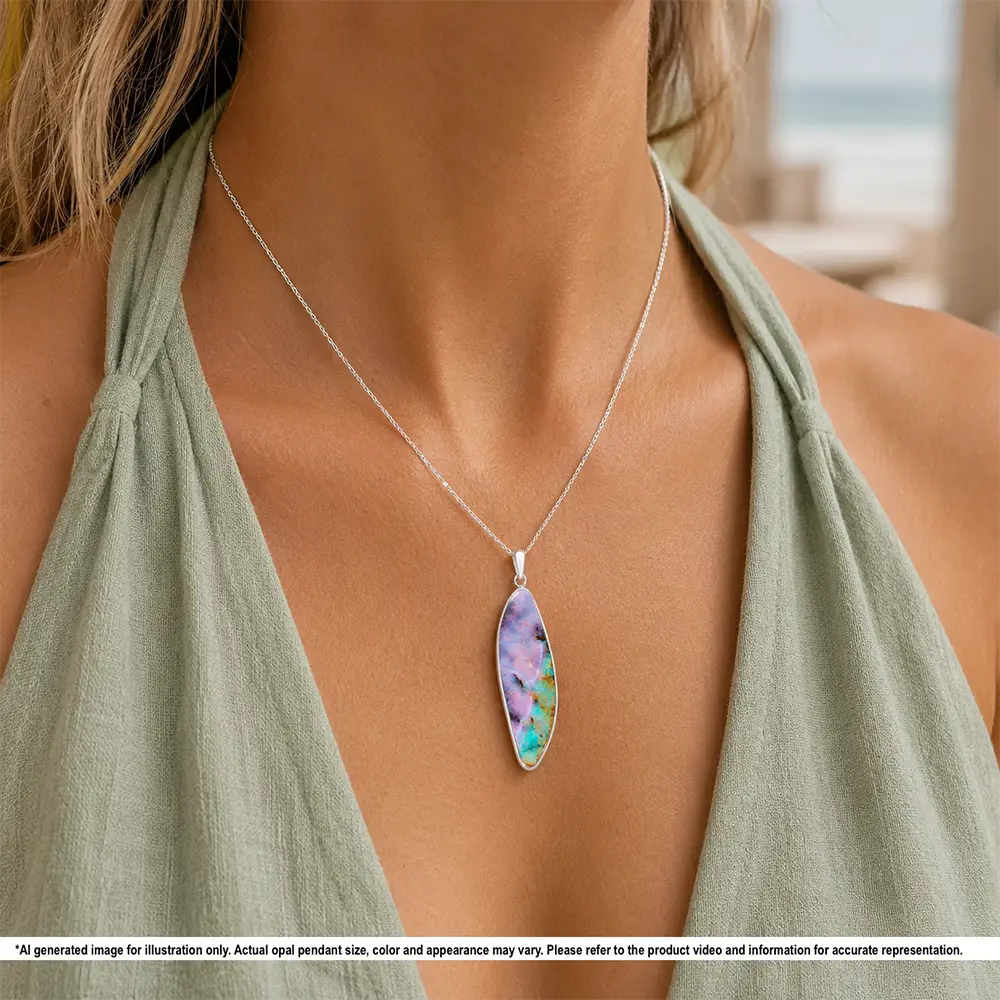 40.4 ct pink and green Australian boulder opal pendant shown worn on a silver necklace for illustrative styling reference