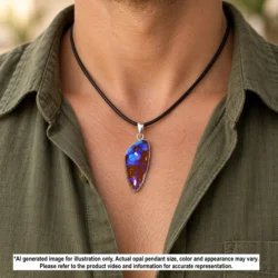 49 ct purple blue boulder opal pendant from Winton Australia shown worn on a black cord necklace