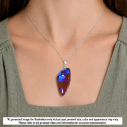 Natural 49 ct Australian boulder opal pendant with purple and blue fire shown worn on a silver necklace