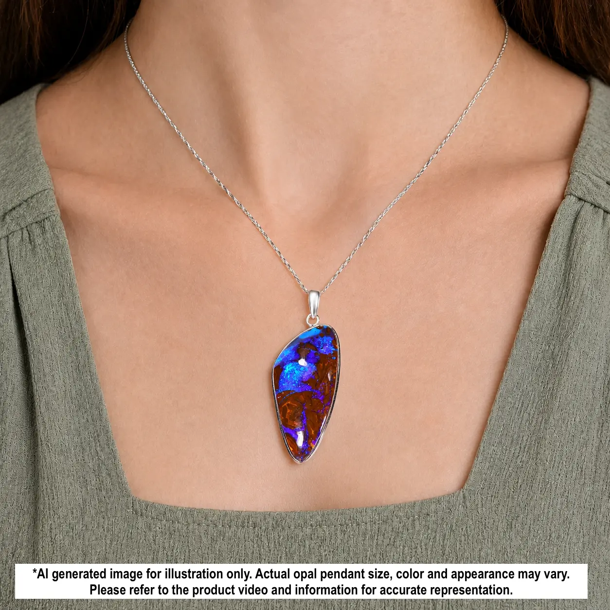 Natural 49 ct Australian boulder opal pendant with purple and blue fire shown worn on a silver necklace