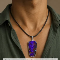 50.4 ct Winton boulder opal pendant with purple and green color shown worn on a black necklace for illustrative styling reference