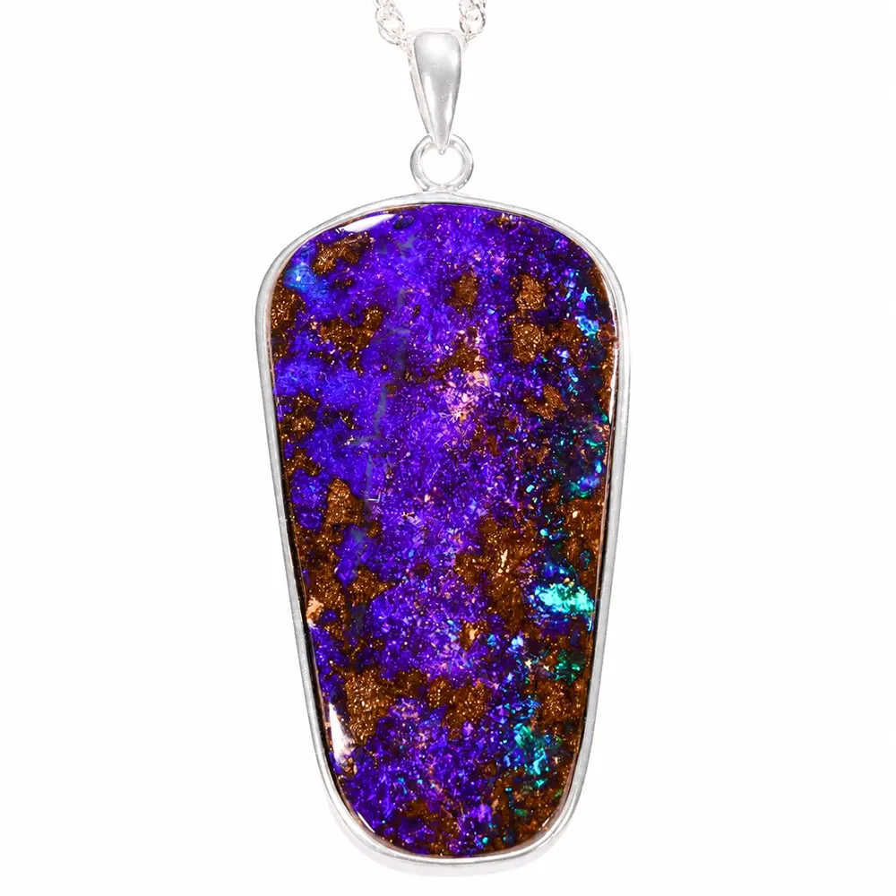 50.4 ct purple and green boulder opal pendant from Winton Australia with natural ironstone matrix and sterling silver setting