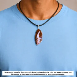 51 ct Winton wood fossil boulder opal pendant shown worn on a black necklace with freeform sterling silver setting