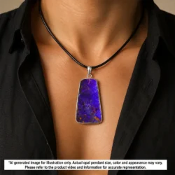 58 ct Winton purple boulder opal pendant shown worn on a black necklace with natural matrix and silver setting