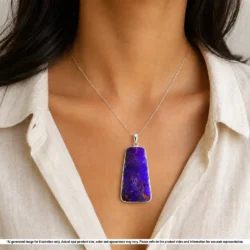 Purple Australian boulder opal pendant shown worn on a silver chain with freeform S925 sterling silver setting