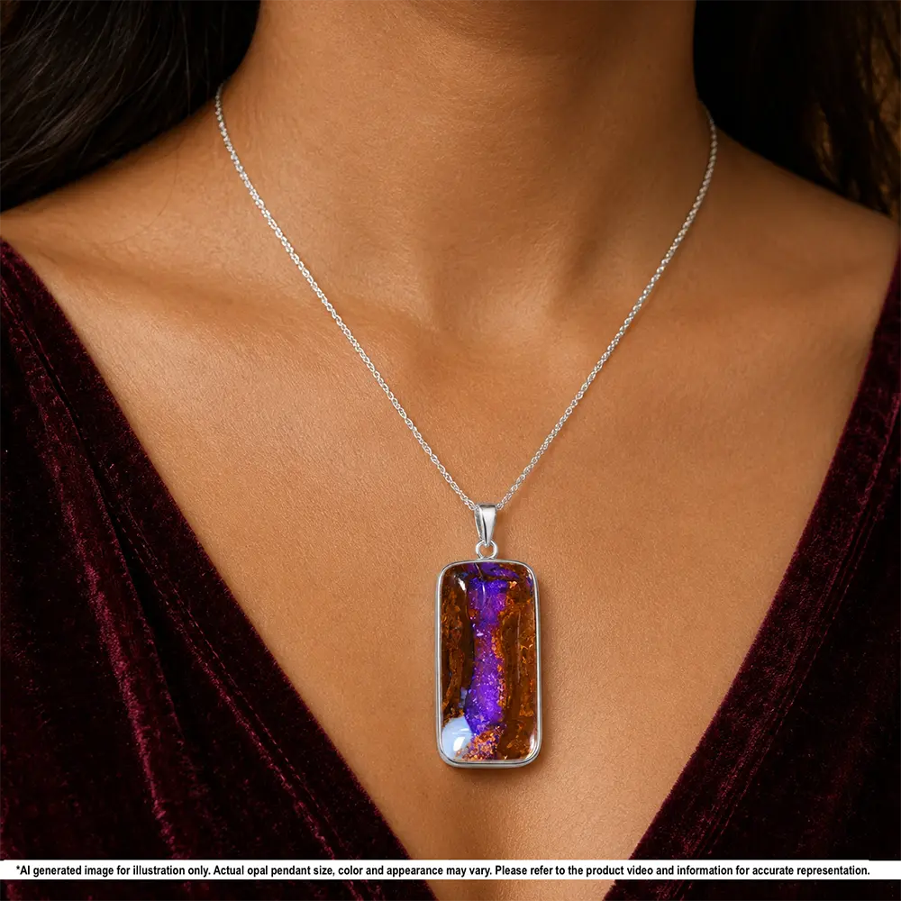 62.7 ct purple wood fossil boulder opal pendant shown worn on a silver necklace for illustrative styling reference