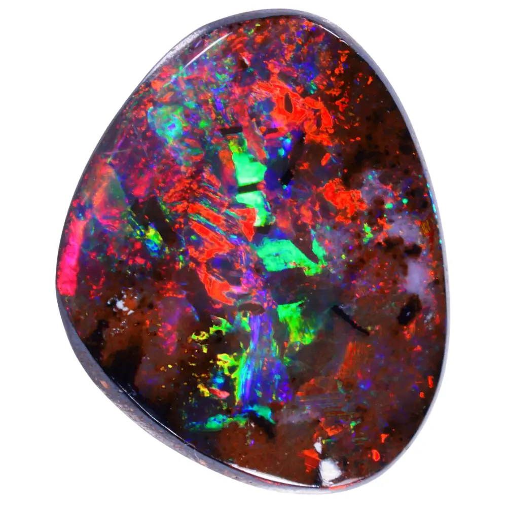 Australian boulder opal, 2.08ct, freeform cabochon with multicolor fire (red, green, blue) on dark ironstone base, from Winton, Queensland