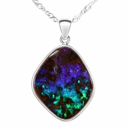 26.1ct Winton boulder opal pendant with vivid blue green and purple color in polished silver setting on white background