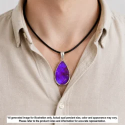 Purple Australian boulder opal pendant shown worn on a black necklace with teardrop stone and sterling silver setting