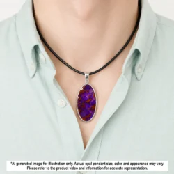 33.6 ct purple boulder opal pendant from Winton Australia shown on a black necklace with natural brown ironstone matrix